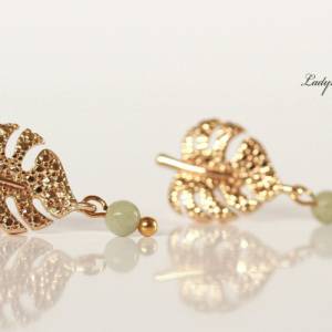 Blatt Ohrringe Monstera Jade Perlen Boho Ohrringe moderner floraler Schmuck mit Blättern skandinavischer Style Bild 1