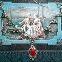 Collier Halskette, viktorianischer Halsschmuck mit einem Edelsteincabochon und roten Strasssteinen Bild 1