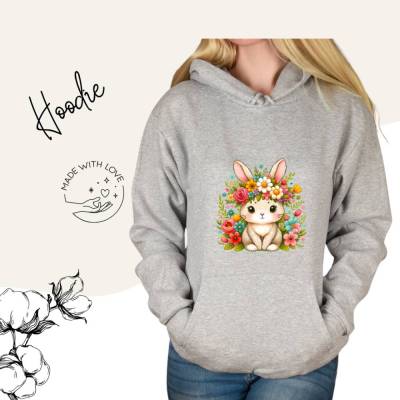 Hoodie Damen- Sweater mit Kängurutasche & einzigartigen Prints ,,Floral Bunny''