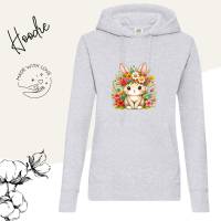 Hoodie Damen- Sweater mit Kängurutasche & einzigartigen Prints ,,Floral Bunny'' Bild 2