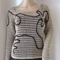 Einzigartiger Netz-Pullover aus Garn mit Viskose und Leinen, Shirt mit Freeformapplikation, Shirt, Pulli, Tunika Bild 1