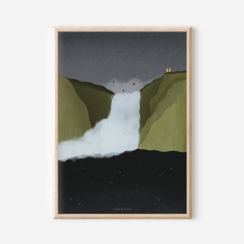 Island Wasserfall Poster Reise Kunstdruck Skandinavien - Skogafoss Wasserfall - Wanddeko Island - Wasserfall Poster Kuns