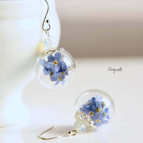 Silber Ohrringe Vergissmeinnicht mit Opal / 925 / Geschenk für Verliebte