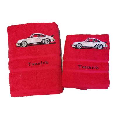Handtuch - Duschtuch SET Ferrari  Logo Geschenk bestickt Namen HANDARBEIT