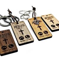 Christlicher Schlüsselanhänger "Jesus Calling" mit Rindslederband und Edelstahltaube Bild 1
