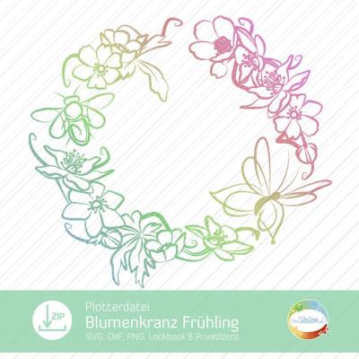 Plotterdatei Blumenkranz Frühling, PNG Frühlingskranz, SVG Buschwindröschen, Waldanemone, Biene, Schmetterling