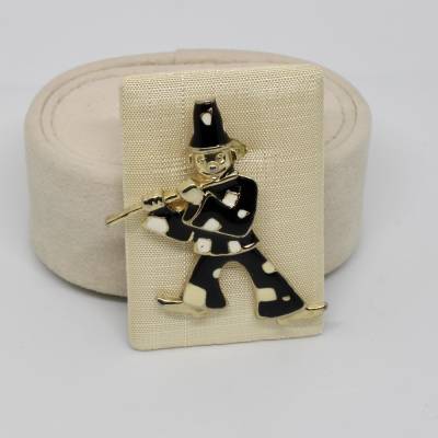 Vintage Anhänger Clown Harlekin Flötenspieler Goldfarbe Glasiert schwarz beweglich 80er Jahre Geschenk Damen