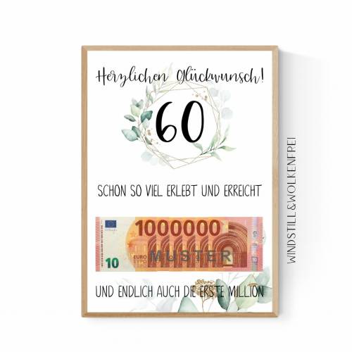 Geschenk zum 60.Geburtstag | Geldgeschenk | Poster| Sechzig | Sechzigster | Eukalyptus