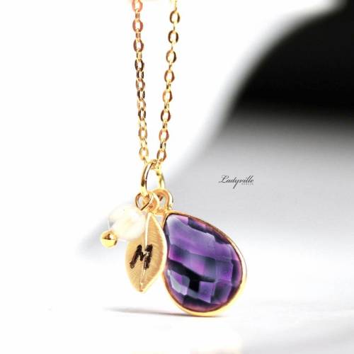 Kette Amethyst Initial echt vergoldete Edelstein Halskette Personalisierbar mit Geburtsstein und Chalzedon