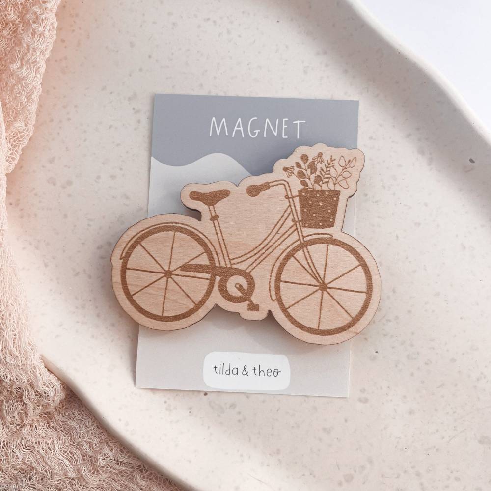 Magnet Fahrrad aus Holz Geschenk Freundin - Geschenk Fahrrad Blumen Kühlschrankmagnet Deko - Verpackung Geschenk Frühlin Bild 1