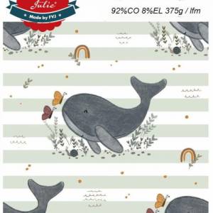French Terry Stoff mit Wal mit Schmetterlingen und Regenbögen auf gestreiftem Hintergrund | Fräulein von Julie | Lieferb Bild 2
