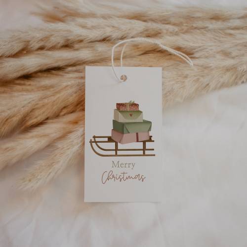 Geschenkanhänger Weihnachten Schlitten "Merry Christmas" - 6x A7 Geschenkanhänger für Weihnachtsgeschenke - Gesc