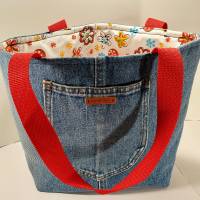 Jeans-Tasche Shopper blau rot Futter Boho Blumen nachhaltig Bild 1