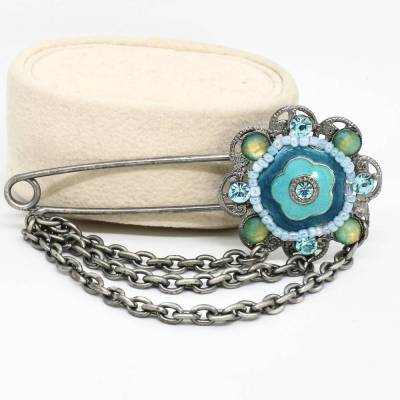 Wuchtige Sicherheitsnadel Brosche Silberfarbig Blumigl Kristallglas Steine Türkisfarben für Strickjacke oder Poncho