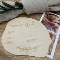 Meilensteinkarte "Hallo Welt" zum Selbstausfüllen nach der Geburt, Geburtskarte, Holz, Namenskarte Bild 1