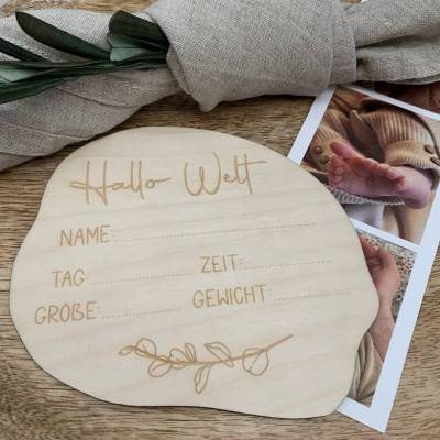 Meilensteinkarte "Hallo Welt" zum Selbstausfüllen nach der Geburt, Geburtskarte, Holz, Namenskarte