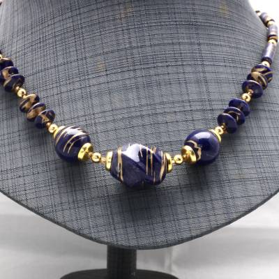 Vintage Holzkette Kette Halskette dunkelblau Kugeln Scheiben  mit Gold Farbe glasiert 80er Jahre