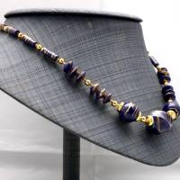 Vintage Holzkette Kette Halskette dunkelblau Kugeln Scheiben  mit Gold Farbe glasiert 80er Jahre Bild 2