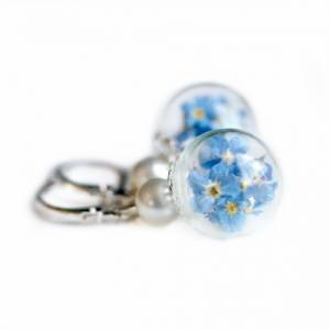 Ohrringe Vergissmeinnicht Blüten,  gepresste Blüten Vergissmeinnicht in Glaskugel mit Perle Bild 3