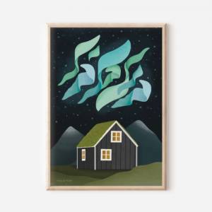 Nordlichter Poster Island Reise Kunstdruck Skandinavien - Island Haus Aurora Borealis - Wanddeko Island - Nordlicht Kuns Bild 1