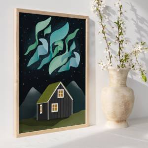 Nordlichter Poster Island Reise Kunstdruck Skandinavien - Island Haus Aurora Borealis - Wanddeko Island - Nordlicht Kuns Bild 4