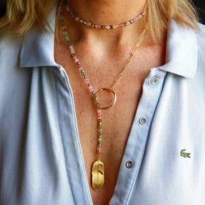 Edelstein Halskette Blatt eine edle Lariat Kette im Boho Style oder Lagenlook für Frauen mit Rosenquarz, Chalzedonen Bild 1