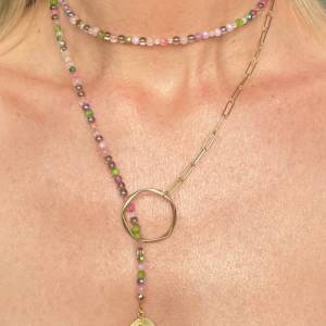 Edelstein Halskette Blatt eine edle Lariat Kette im Boho Style oder Lagenlook für Frauen mit Rosenquarz, Chalzedonen Bild 6