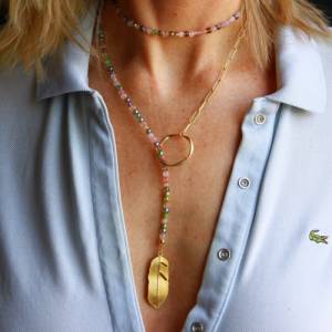 Edelstein Halskette Blatt eine edle Lariat Kette im Boho Style oder Lagenlook für Frauen mit Rosenquarz, Chalzedonen Bild 9