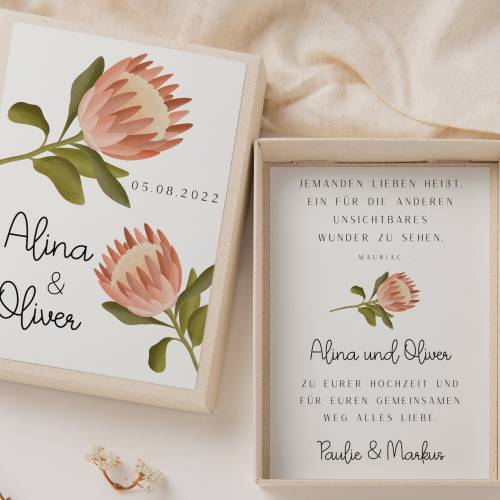 Geschenkschachtel Hochzeit Protea Pflanze - Geldgeschenk Hochzeit Boho Pflanze - Geldgeschenk Brautpaar - personalisiert
