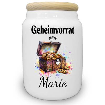 Cookie Dose mit Name, Schatztruhe Geheimvorrat Spruch Keksdose aus Keramik mit Wunschname bedruckt
