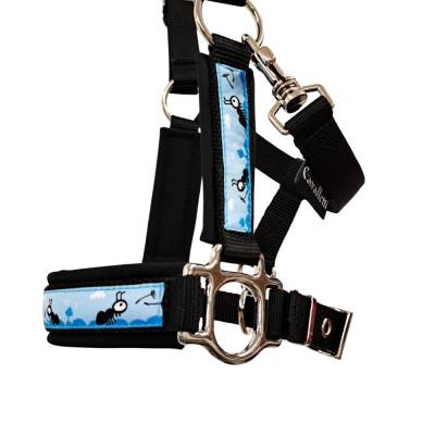 Mini Shetty Halfter Charlie schwarz hellblau – 3-fach verstellbar & Ameisen-Design