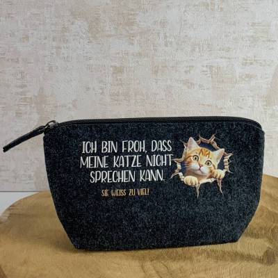 Kosmetiktasche aus Filz bedruckt mit Katzenmotiv und Katzenspruch - Geschenkidee für Katzenfreunde und Katzenliebhaber