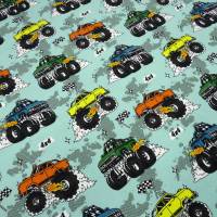 Stoff Baumwolle Jersey Burnout Monstertrucks Autos mint grün bunt Kinderstoff Kleiderstoff Meterware Bild 1