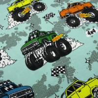 Stoff Baumwolle Jersey Burnout Monstertrucks Autos mint grün bunt Kinderstoff Kleiderstoff Meterware Bild 2
