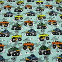 Stoff Baumwolle Jersey Burnout Monstertrucks Autos mint grün bunt Kinderstoff Kleiderstoff Meterware Bild 3