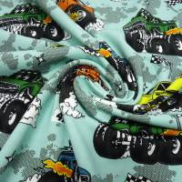 Stoff Baumwolle Jersey Burnout Monstertrucks Autos mint grün bunt Kinderstoff Kleiderstoff Meterware Bild 4