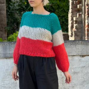 Mohairsweater, handgestricktes Einzelstück, weich und zart, Blockstriefen, Raglan Bild 3