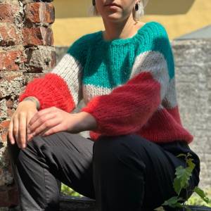 Mohairsweater, handgestricktes Einzelstück, weich und zart, Blockstriefen, Raglan Bild 5