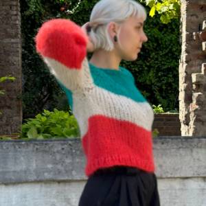 Mohairsweater, handgestricktes Einzelstück, weich und zart, Blockstriefen, Raglan Bild 6