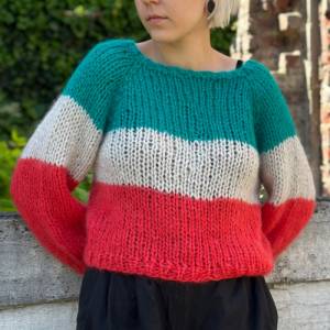 Mohairsweater, handgestricktes Einzelstück, weich und zart, Blockstriefen, Raglan Bild 7