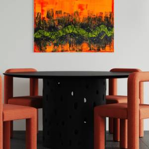 Abstraktes “Neon River” Gemälde - 50x70cm - Schwarz, Neon Gelb, Weiß, Gold, Silber auf Lebhafter Neon Orange Leinwand Bild 3