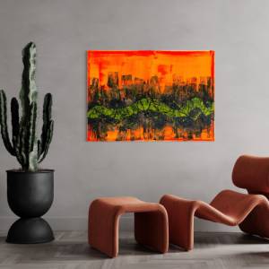 Abstraktes “Neon River” Gemälde - 50x70cm - Schwarz, Neon Gelb, Weiß, Gold, Silber auf Lebhafter Neon Orange Leinwand Bild 4