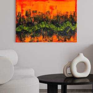 Abstraktes “Neon River” Gemälde - 50x70cm - Schwarz, Neon Gelb, Weiß, Gold, Silber auf Lebhafter Neon Orange Leinwand Bild 5