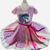 Festliches Kleid - Sommerkleid Größe 134 - Drehkleid Einschulungskleid Jerseykleid Festkleid Partykleid mit Einhorn und Bild 2
