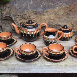 15 tlg. Kaffee Mokka Service Pfauenauge bulgarische Majolika Keramik 60er 70er Jahre Bild 1