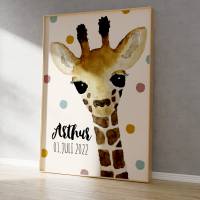 Giraffe Kinderbild mit Name, Kinderzimmer Bild,  Poster Deko, Geschenk zur Geburt Bild 2