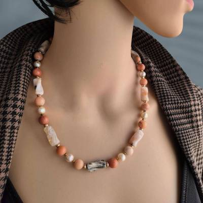 Edelsteinkette Aventurin, Bambus Achat, Süßwasserperlen - Edelsteinkette für Damen, bunte Perlenkette
