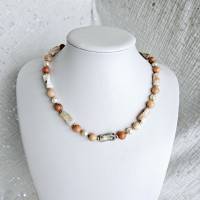 Edelsteinkette Aventurin, Bambus Achat, Süßwasserperlen - Edelsteinkette für Damen, bunte Perlenkette Bild 10
