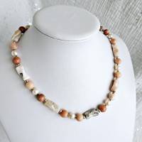 Edelsteinkette Aventurin, Bambus Achat, Süßwasserperlen - Edelsteinkette für Damen, bunte Perlenkette Bild 5