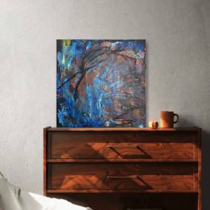 Unikat Modernes Abstraktes Acrylbild | Schwarz, Blau, Weiß, Gelb, Silber, Gold, Orange-Pink Canvas Art | 50x50cm Bild 2